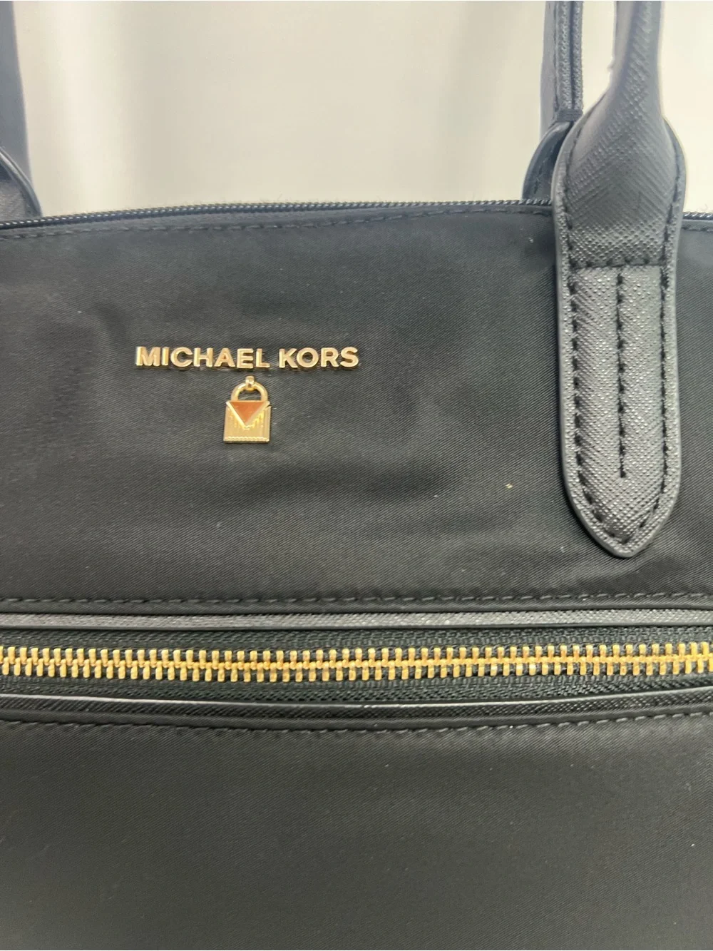 Michael Kors Black Nylon Tote Bag Gold Hardware Large Zip Shoulder Purse Light - Picture 3 of 12